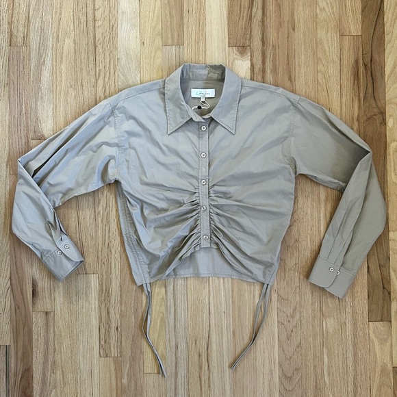 L’ACADEMIE lena blouse khaki revolve ruched cropped cotton button up NWT size S - Picture 4 of 11
